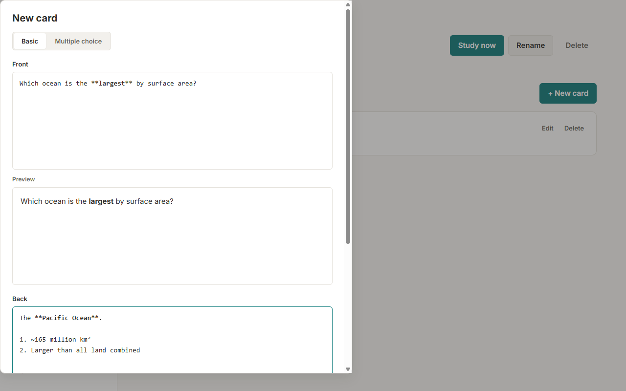 The Rouse card editor showing markdown source on the left and a rendered live preview on the right.